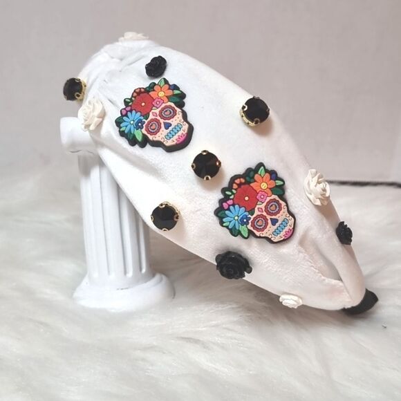 VELVET SUGAR SKULL FLORAL JEWELED HEADBAND - Picture 1 of 10
